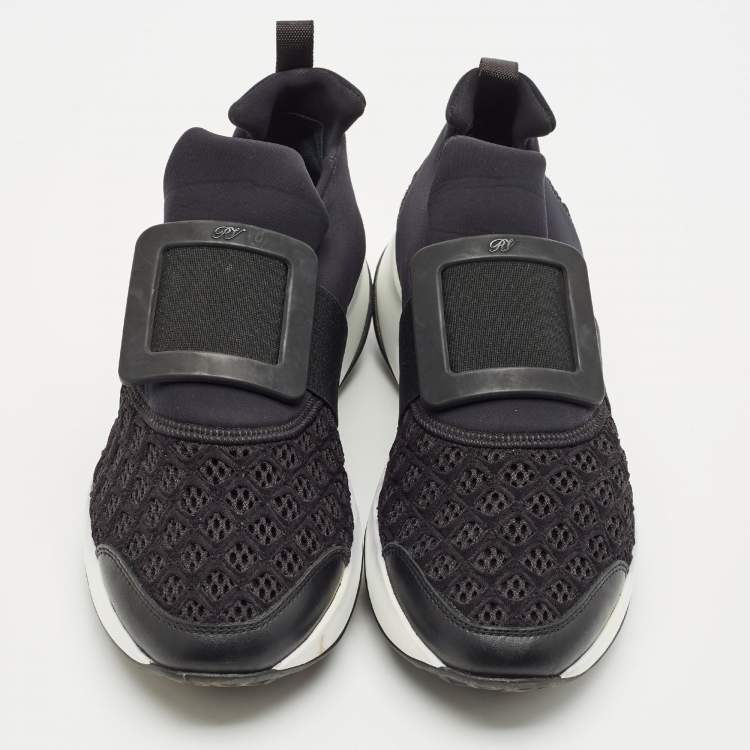 Pre Owned Roger Vivier Black/White Mesh and Neoprene Viv Run Sneakers Size 38.5