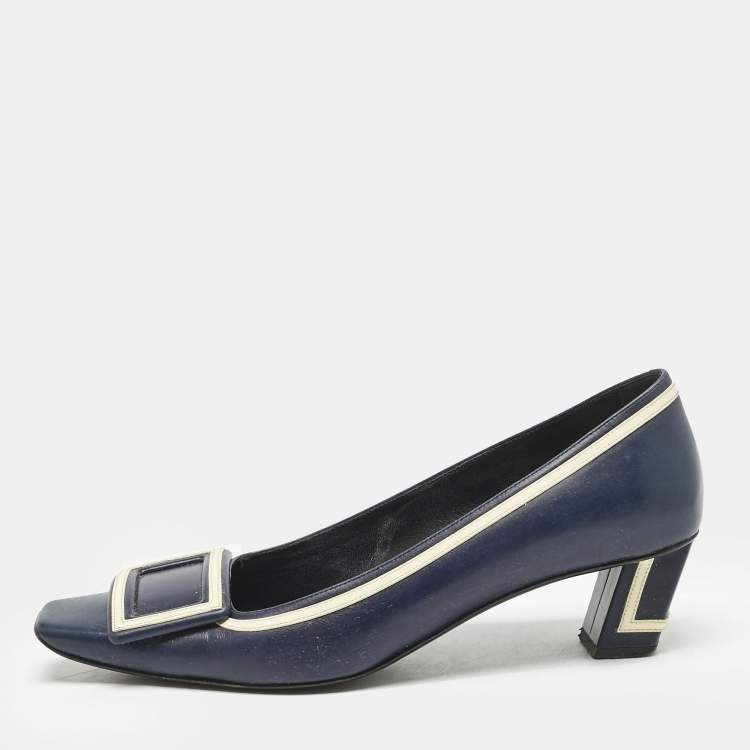 Pre Owned Roger Vivier Navy Blue Leather Buckle Detail Pumps Size 37.5
