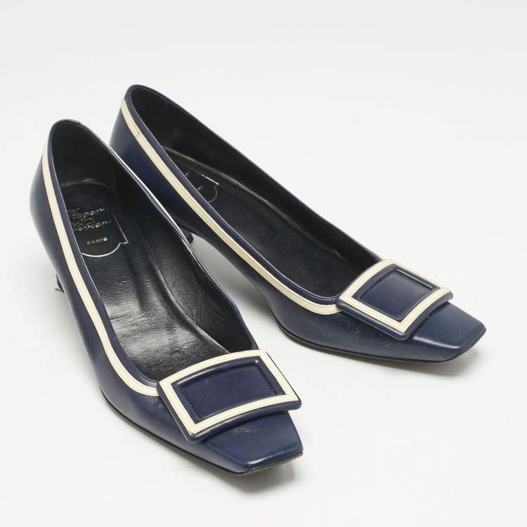 Pre Owned Roger Vivier Navy Blue Leather Buckle Detail Pumps Size 37.5