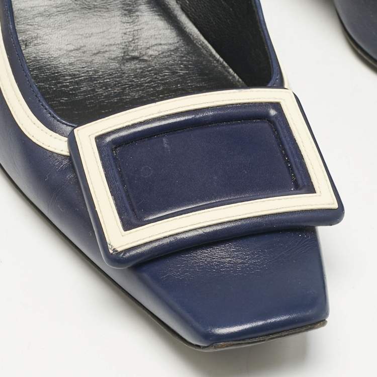 Pre Owned Roger Vivier Navy Blue Leather Buckle Detail Pumps Size 37.5