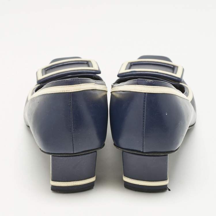 Pre Owned Roger Vivier Navy Blue Leather Buckle Detail Pumps Size 37.5