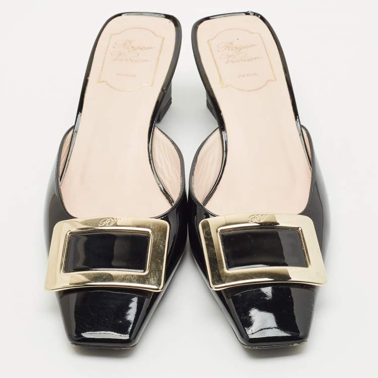 Pre Owned Roger Vivier Black Patent Leather Belle Vivier Mules Size 38