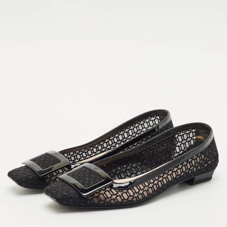 Pre Owned Roger Vivier Black Mesh and Patent Leather Belle Vivier Ballet Flats Size 37.5