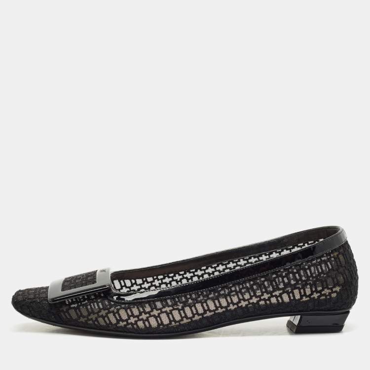 Pre Owned Roger Vivier Black Mesh and Patent Leather Belle Vivier Ballet Flats Size 37.5