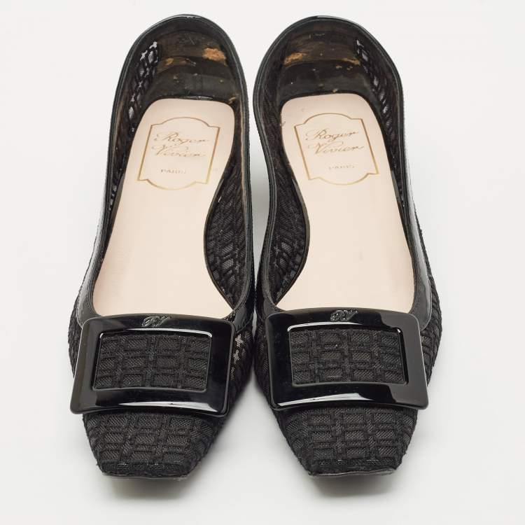 Pre Owned Roger Vivier Black Mesh and Patent Leather Belle Vivier Ballet Flats Size 37.5
