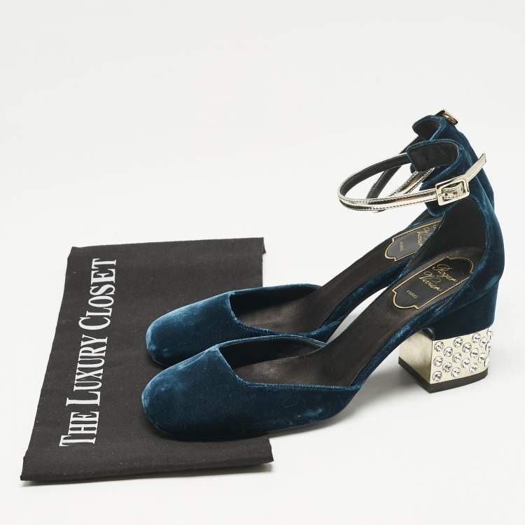 Pre Owned Roger Vivier Dark Blue Velvet Crystal Embellished Block Heel Ankle Strap Sandals Size 36