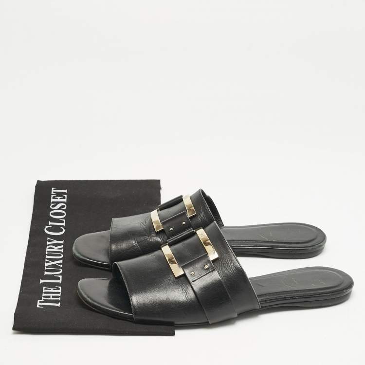 Pre Owned Roger Vivier Black Leather Buckle Flat Slides Size 41