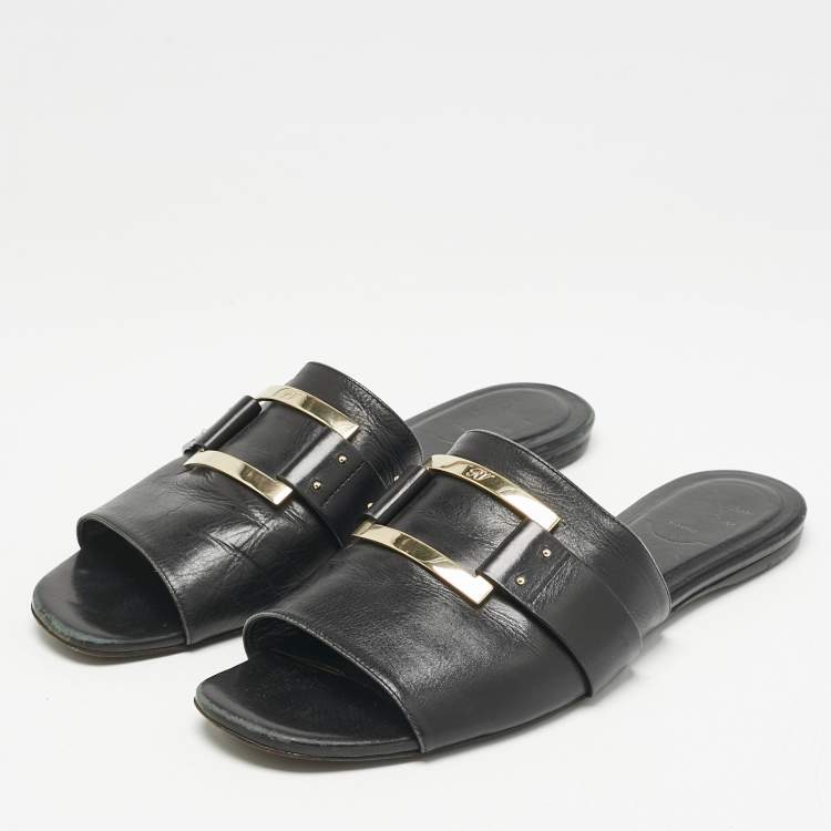 Pre Owned Roger Vivier Black Leather Buckle Flat Slides Size 41