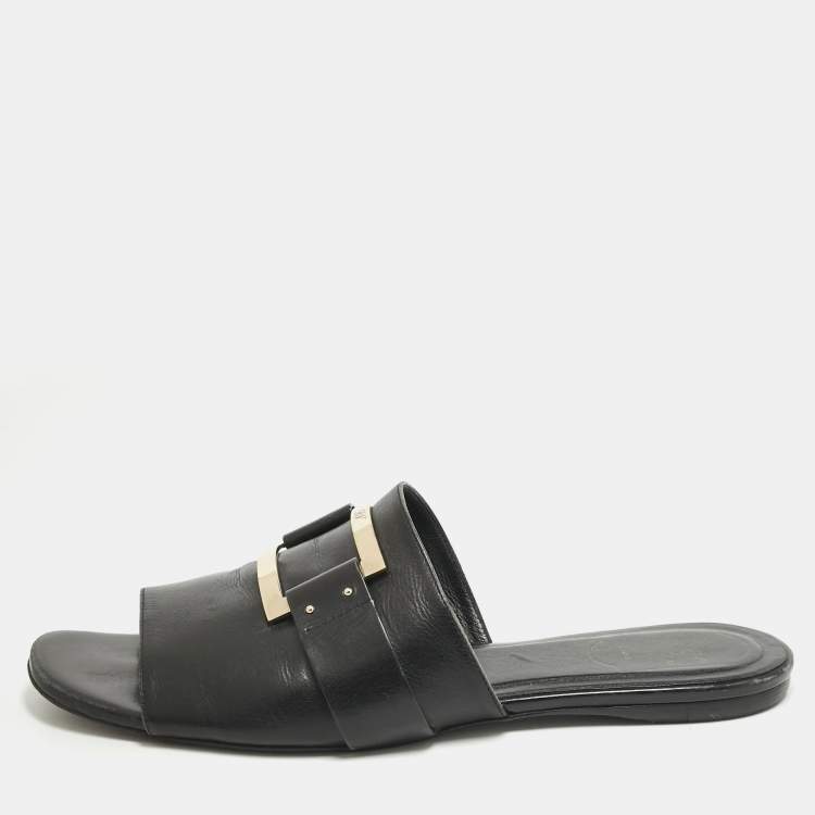 Pre Owned Roger Vivier Black Leather Buckle Flat Slides Size 41