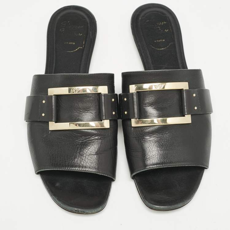 Pre Owned Roger Vivier Black Leather Buckle Flat Slides Size 41