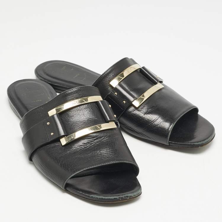 Pre Owned Roger Vivier Black Leather Buckle Flat Slides Size 41