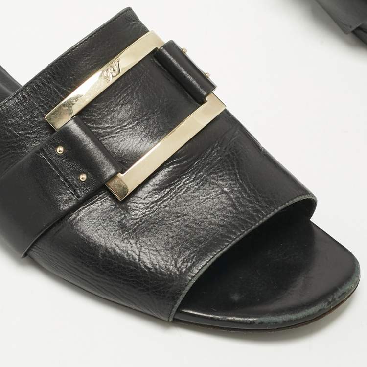 Pre Owned Roger Vivier Black Leather Buckle Flat Slides Size 41