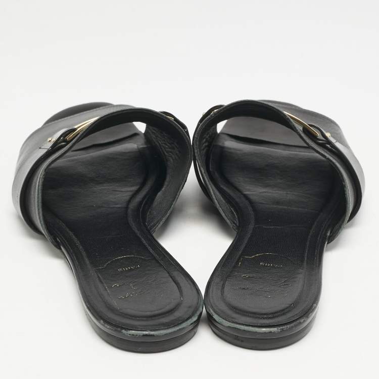 Pre Owned Roger Vivier Black Leather Buckle Flat Slides Size 41