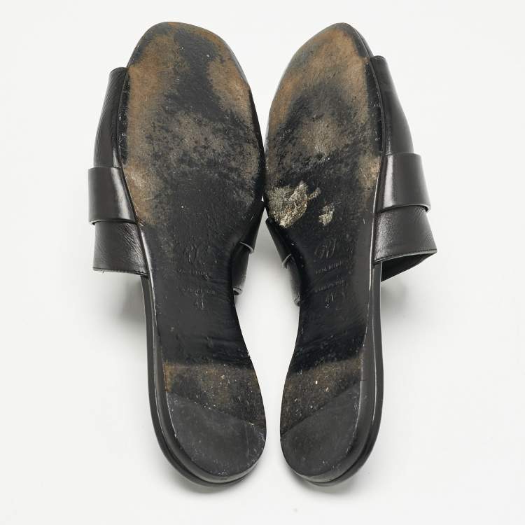 Pre Owned Roger Vivier Black Leather Buckle Flat Slides Size 41