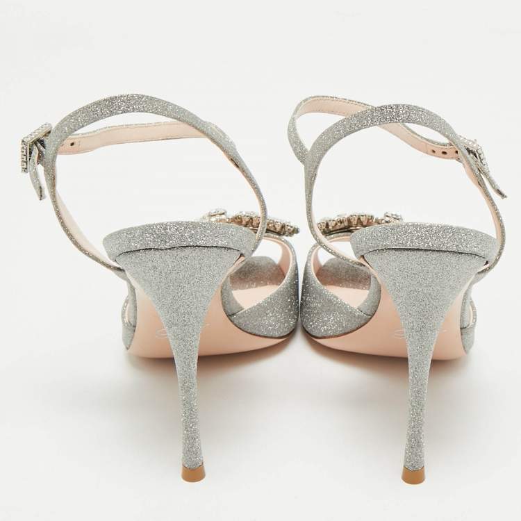 Pre Owned Roger Vivier Silver Glitter Crystal Embellished  Ankle Strap Sandals Size 37