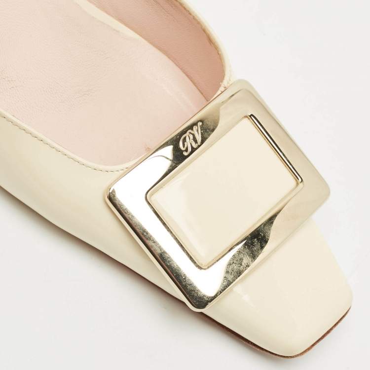 Pre Owned Roger Vivier Cream Patent Leather Belle Vivier Mules Size 37