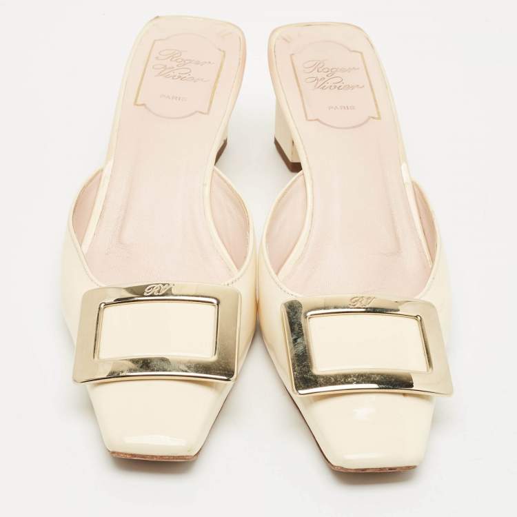 Pre Owned Roger Vivier Cream Patent Leather Belle Vivier Mules Size 37