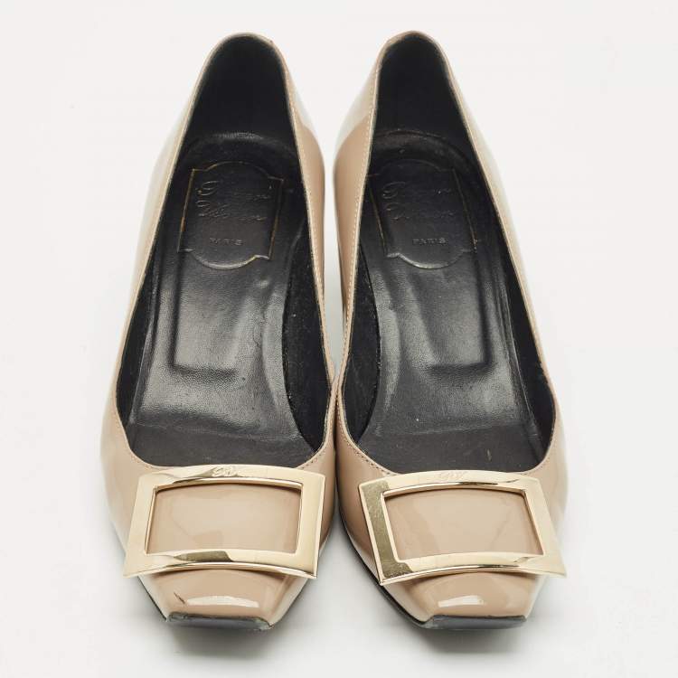 Pre Owned Roger Vivier Dark Beige Patent Leather Trompette Pumps Size 37