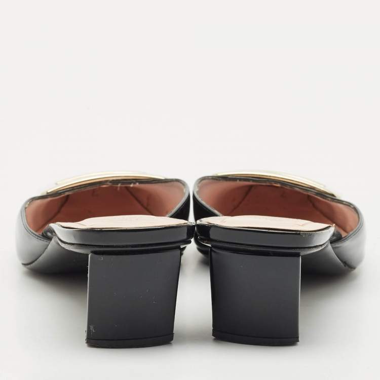 Pre Owned Roger Vivier Black Patent Leather Belle Vivier Mules Size 37