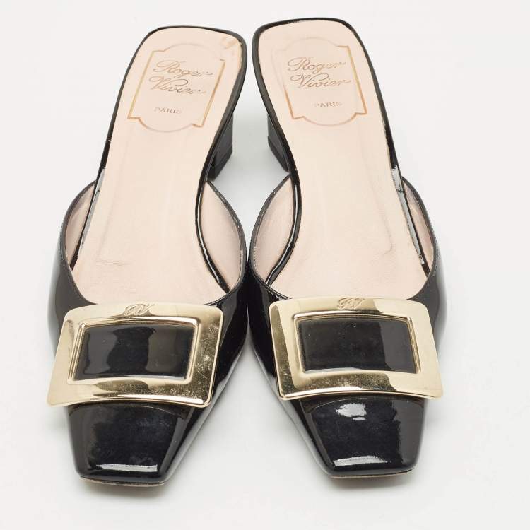 Pre Owned Roger Vivier Black Patent Leather Belle Vivier Mules Size 37