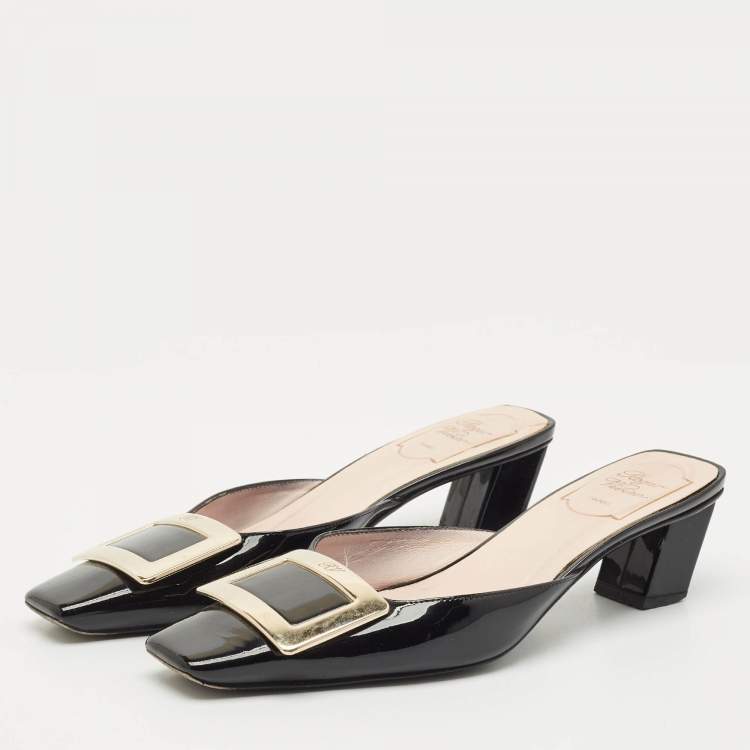 Pre Owned Roger Vivier Black Patent Leather Belle Vivier Mules Size 37