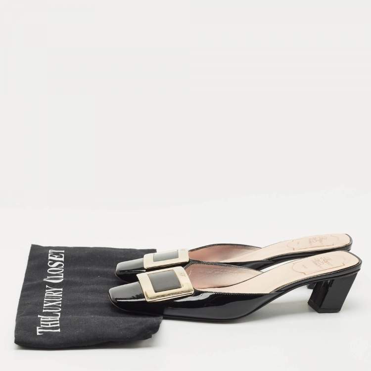 Pre Owned Roger Vivier Black Patent Leather Belle Vivier Mules Size 37