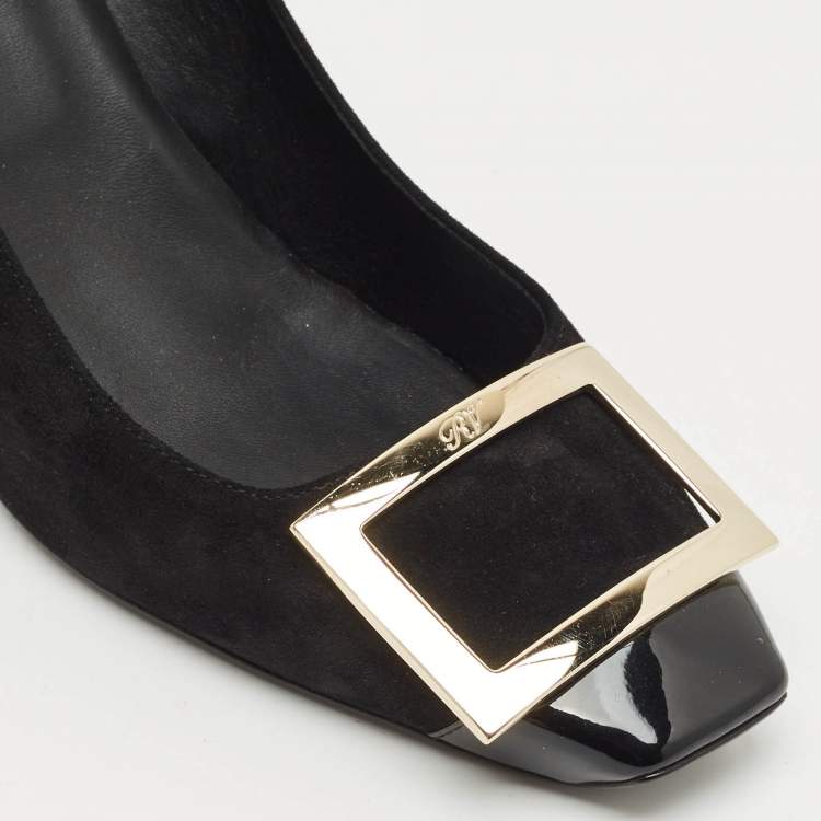Pre Owned Roger Vivier Black Patent Leather and Suede Trompette Pumps Size 37.5