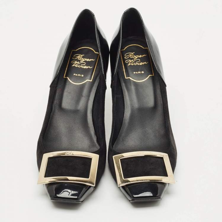 Pre Owned Roger Vivier Black Patent Leather and Suede Trompette Pumps Size 37.5