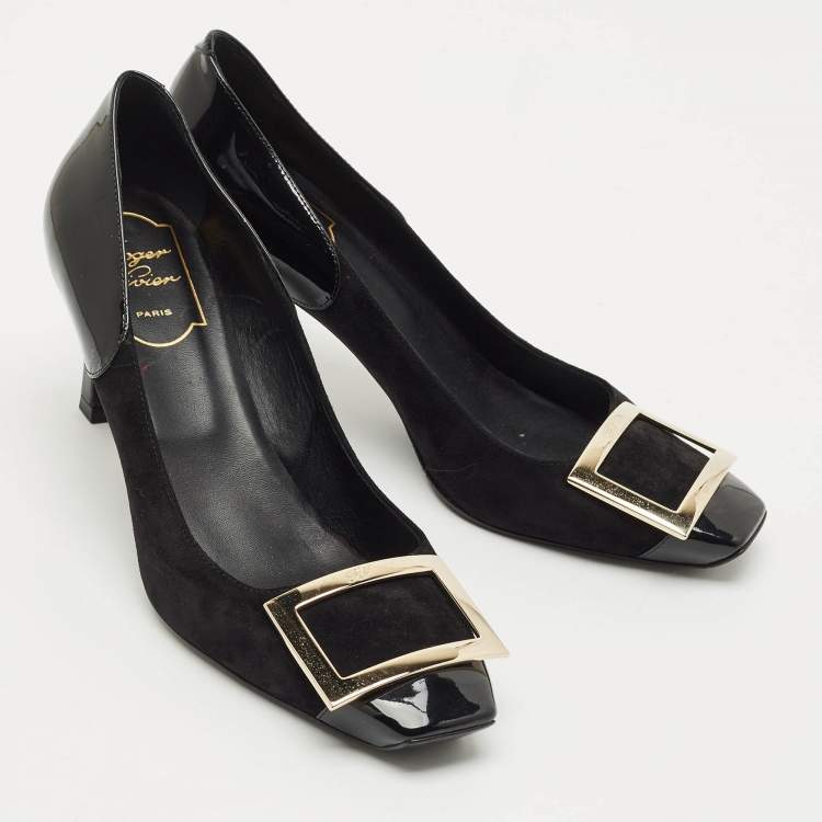 Pre Owned Roger Vivier Black Patent Leather and Suede Trompette Pumps Size 37.5