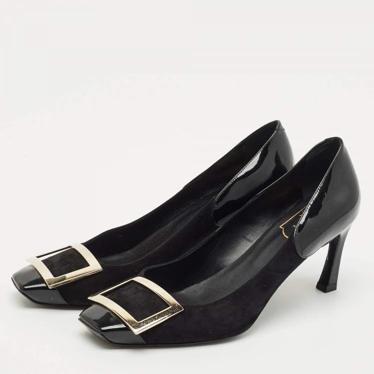 Pre Owned Roger Vivier Black Patent Leather and Suede Trompette Pumps Size 37.5