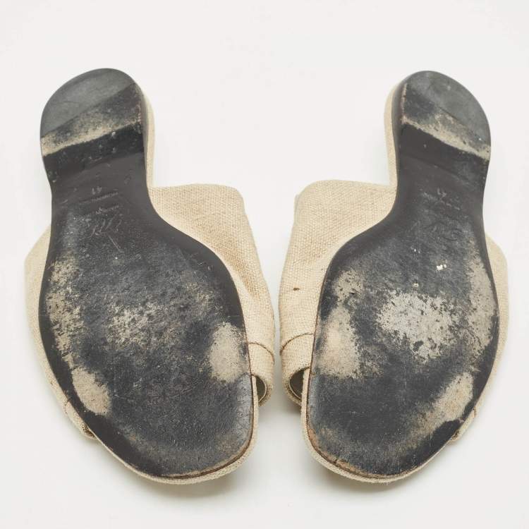 Pre Owned Roger Vivier Cream Canvas Tiffany Buckle Flat Slides Size 41