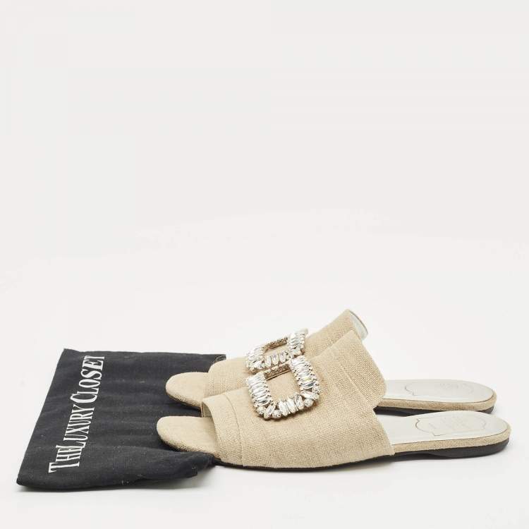 Pre Owned Roger Vivier Cream Canvas Tiffany Buckle Flat Slides Size 41