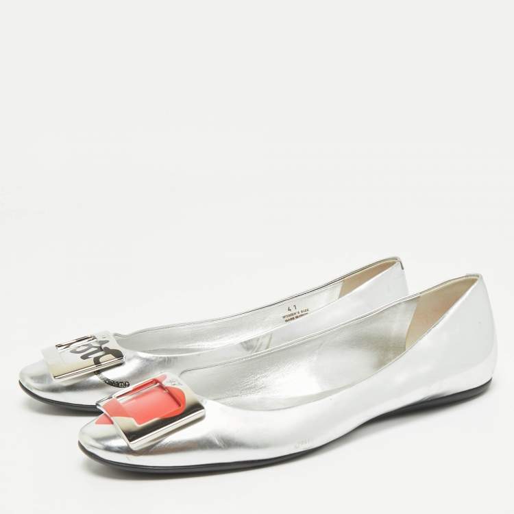 Pre Owned Roger Vivier Silver Leather Gommette Love Ballet Flats Size 41