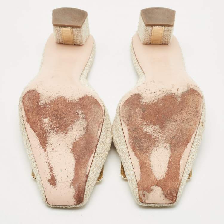 Pre Owned Roger Vivier Cream Tweed Belle Vivier Mules Size 37.5
