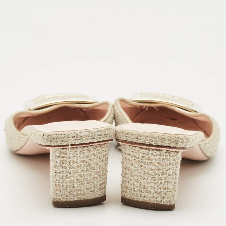 Pre Owned Roger Vivier Cream Tweed Belle Vivier Mules Size 37.5