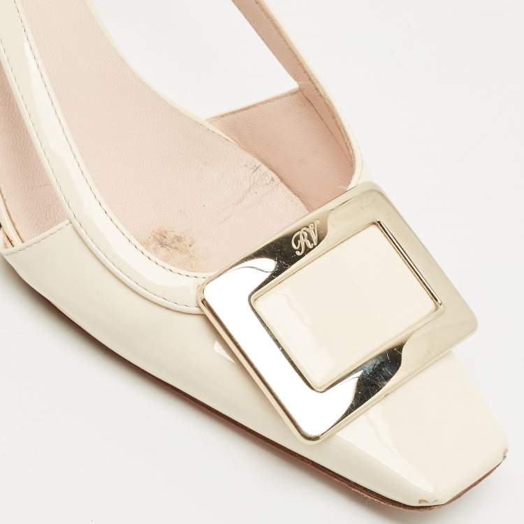 مملوكة مسبقًا Roger Vivier Cream Patent Leather Trompette Slingback Pumps Size 37.5