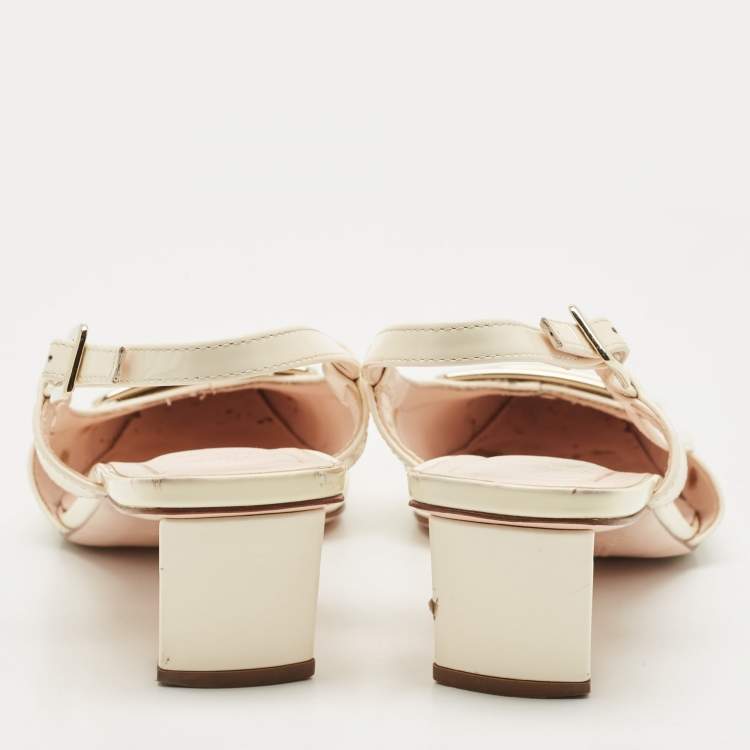 مملوكة مسبقًا Roger Vivier Cream Patent Leather Trompette Slingback Pumps Size 37.5