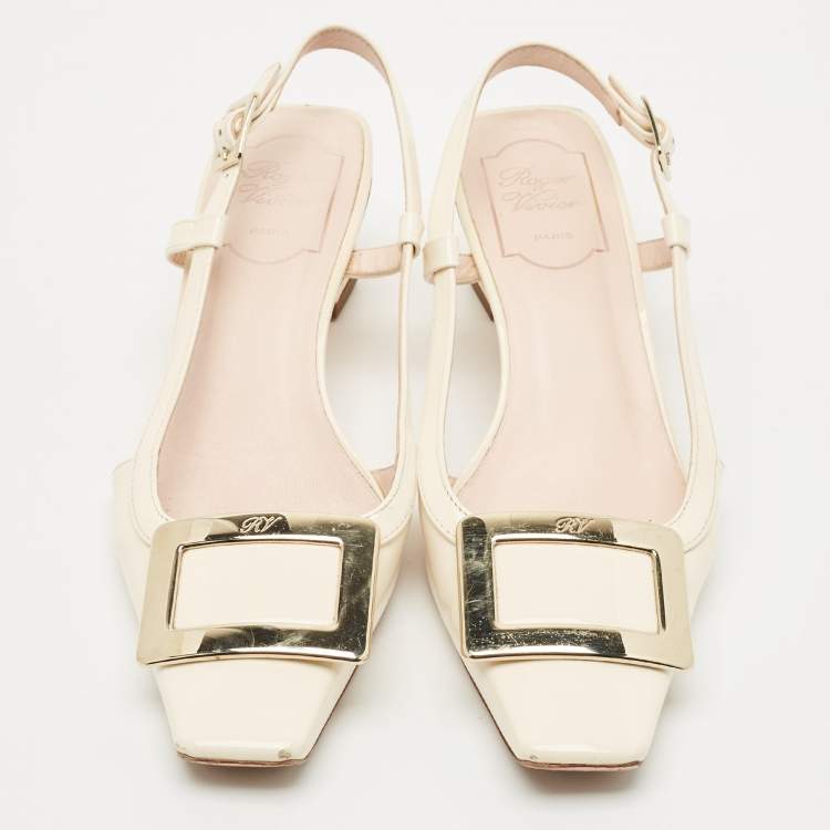 مملوكة مسبقًا Roger Vivier Cream Patent Leather Trompette Slingback Pumps Size 37.5