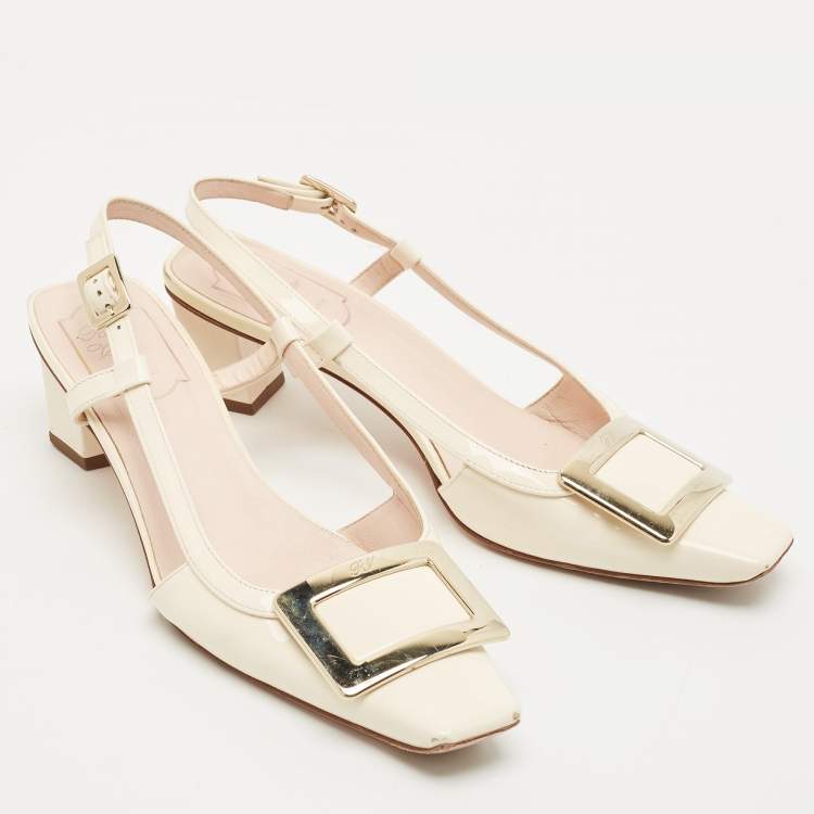 مملوكة مسبقًا Roger Vivier Cream Patent Leather Trompette Slingback Pumps Size 37.5