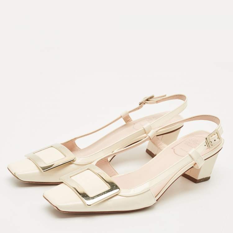مملوكة مسبقًا Roger Vivier Cream Patent Leather Trompette Slingback Pumps Size 37.5