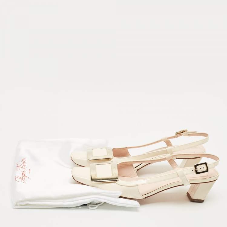 مملوكة مسبقًا Roger Vivier Cream Patent Leather Trompette Slingback Pumps Size 37.5