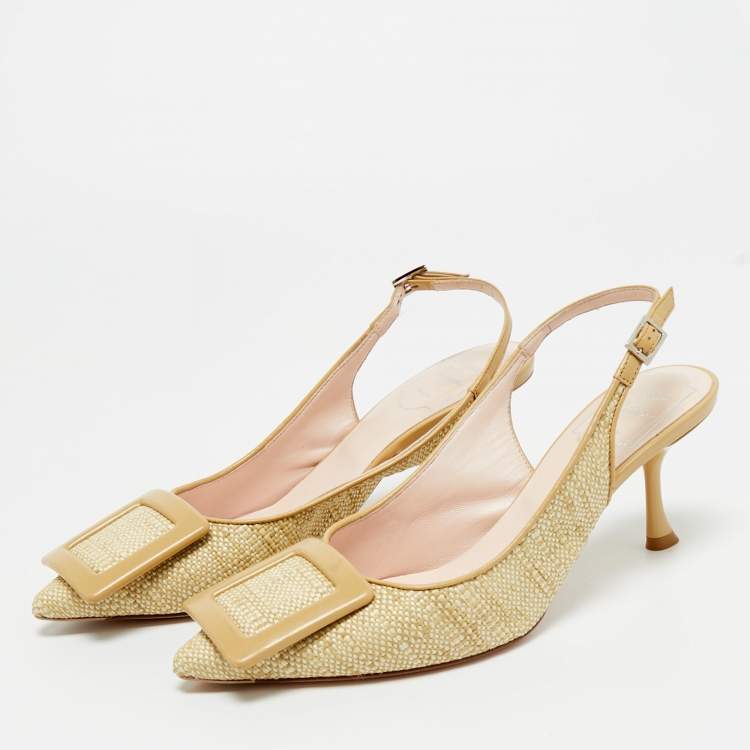 Pre Owned Roger Vivier Green Raffia Belle Vivier Slingback Pumps Size 37.5 