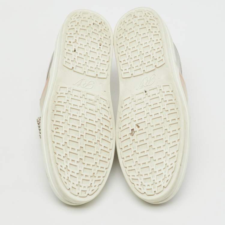 Pre Owned Roger Vivier Light Grey/Beige Satin Crystal Embellished Sneaky Viv Slip On Sneakers Size 38