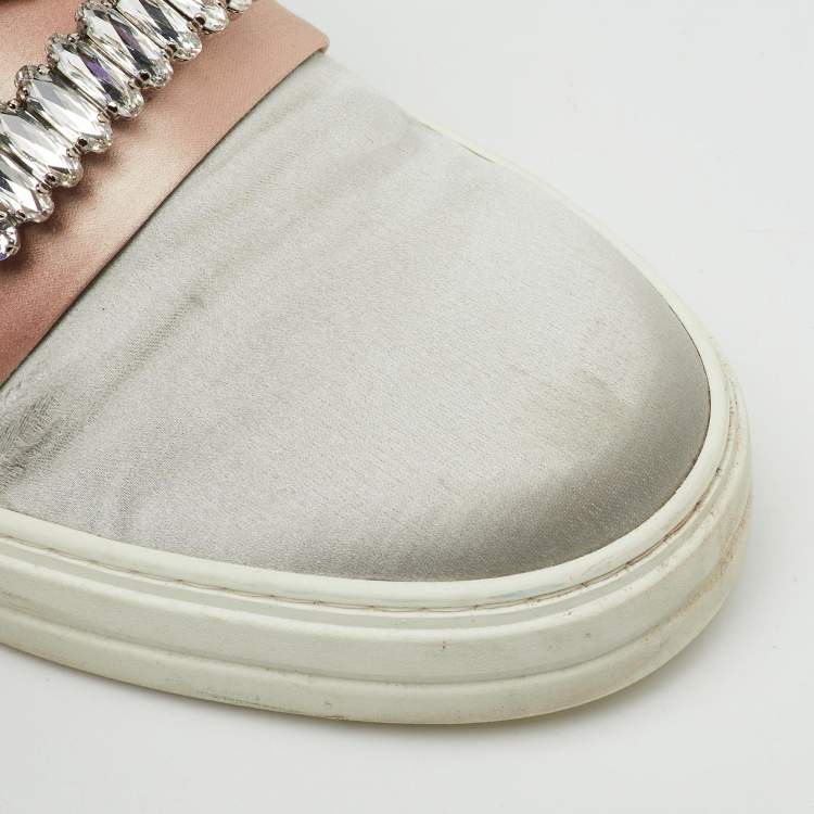 Pre Owned Roger Vivier Light Grey/Beige Satin Crystal Embellished Sneaky Viv Slip On Sneakers Size 38