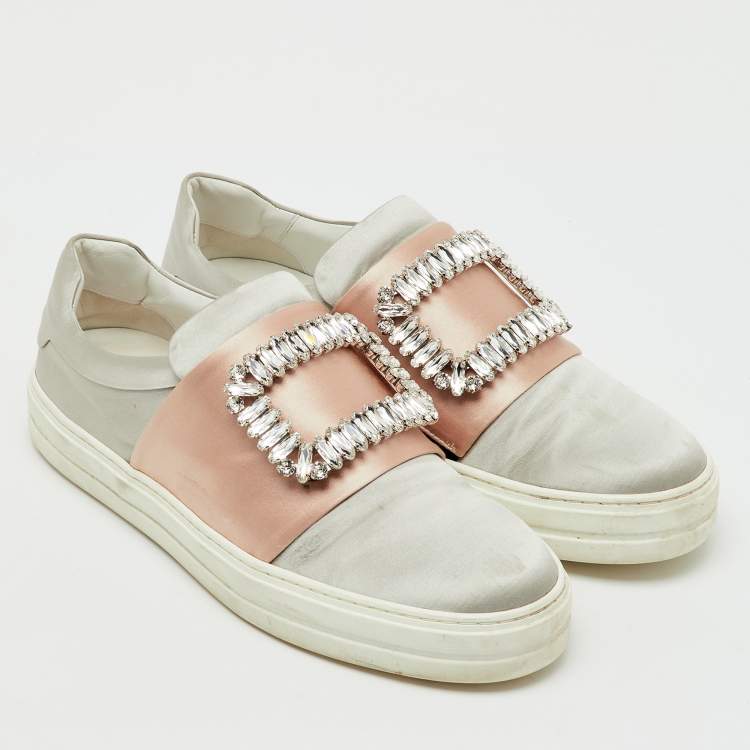Pre Owned Roger Vivier Light Grey/Beige Satin Crystal Embellished Sneaky Viv Slip On Sneakers Size 38