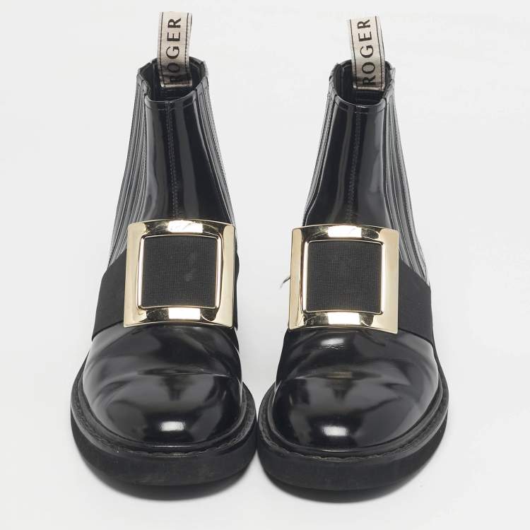 Pre Owned Roger Vivier Black Patent Leather Viv' Rangers Metal Buckle Chelsea Boots Size 40
