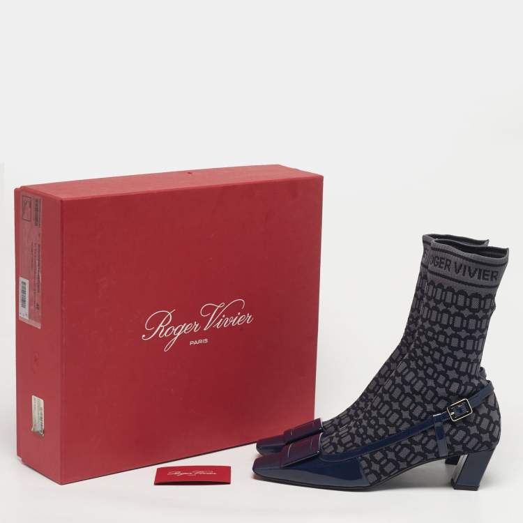 Pre Owned Roger Vivier Navy Blue Patent Leather and Knit Fabric Belle Vivier Sock Boots Size 40