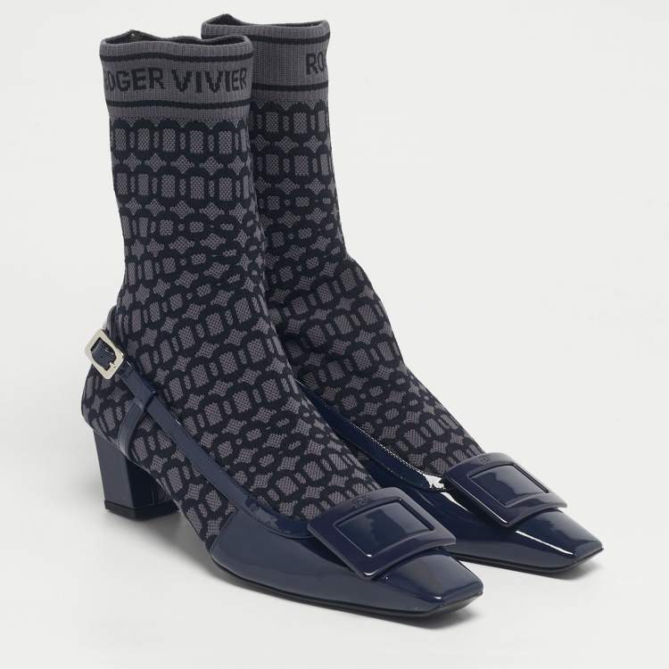 Pre Owned Roger Vivier Navy Blue Patent Leather and Knit Fabric Belle Vivier Sock Boots Size 40
