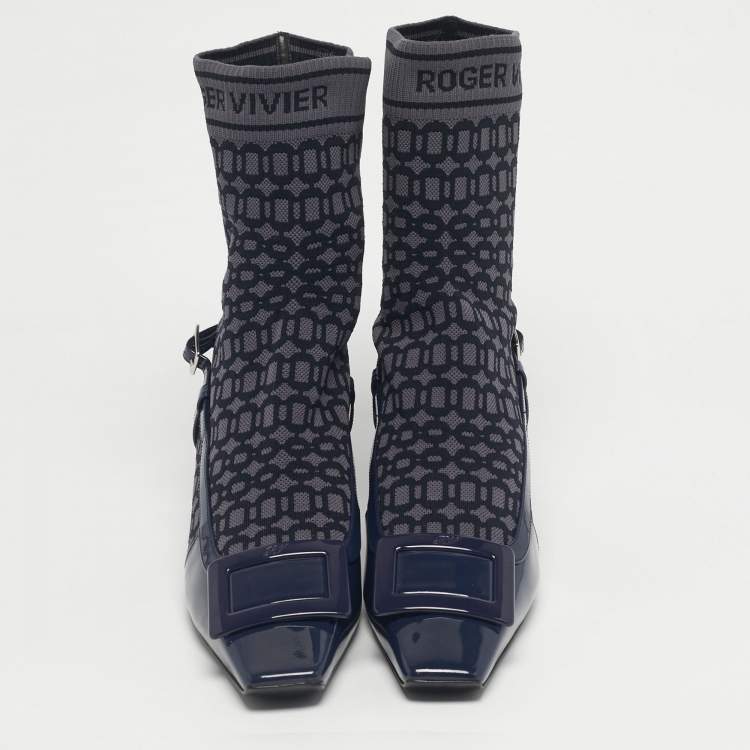 Pre Owned Roger Vivier Navy Blue Patent Leather and Knit Fabric Belle Vivier Sock Boots Size 40