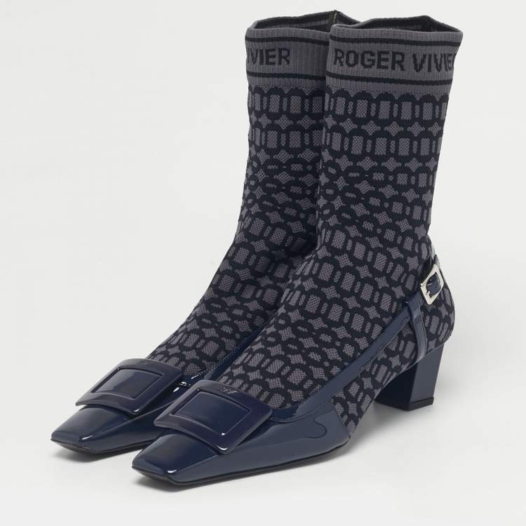 Pre Owned Roger Vivier Navy Blue Patent Leather and Knit Fabric Belle Vivier Sock Boots Size 40
